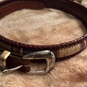 Vintage Men's Brown Woven Leather Belt with Multi-Color Fabric Inlay Size 36